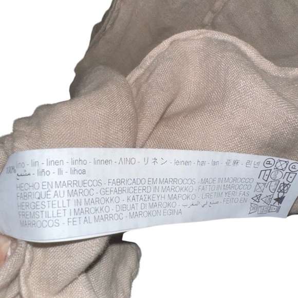 Zara 100% Linen Cropped Shirt Womens M Tan Button Up Short Sleeve Boxy Collared - Picture 8 of 8